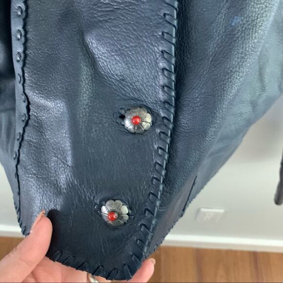 Gossamer Wings Navy Blue Vintage Leather Jacket Tank 2 Set Beaded Navajo Fringe - Picture 9 of 15